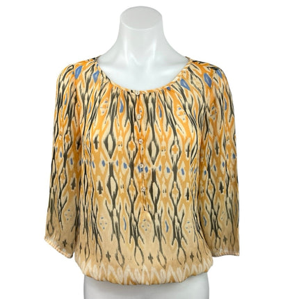 The Limited Gold Ikat Print Button Front Sheer Crepe Peasant Top Blouse Size XS