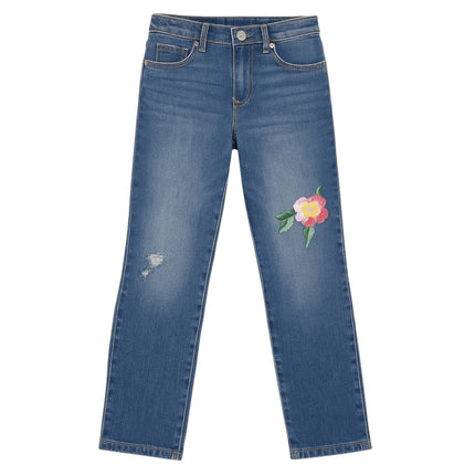Old Navy Boyfriend Skinny Girls Blue Floral Embroidered Straight Denim Jeans 14
