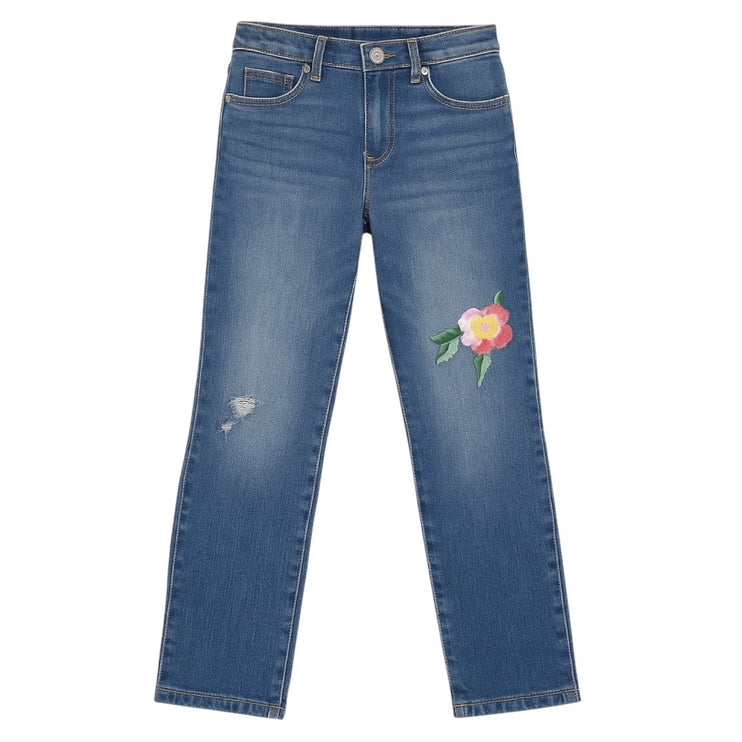 Old Navy Boyfriend Skinny Girls Blue Floral Embroidered Straight Denim Jeans 14