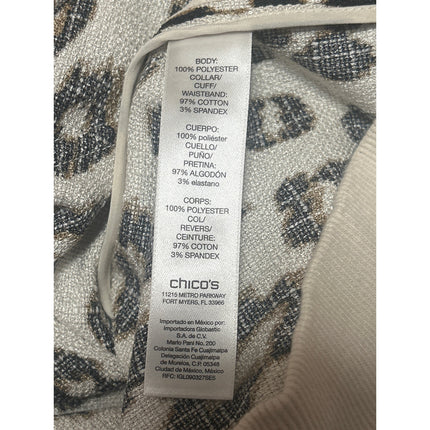 Chico's Cream Black Long Sleeve Knit Leopard Zip Up Cardigan Sweater Top Size 1