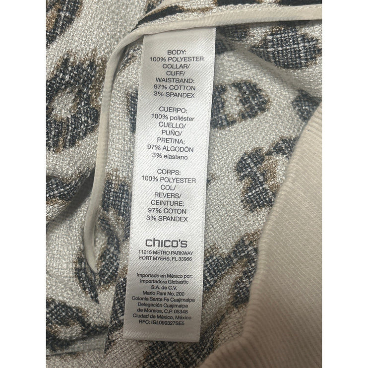 Chico's Cream Black Long Sleeve Knit Leopard Zip Up Cardigan Sweater Top Size 1