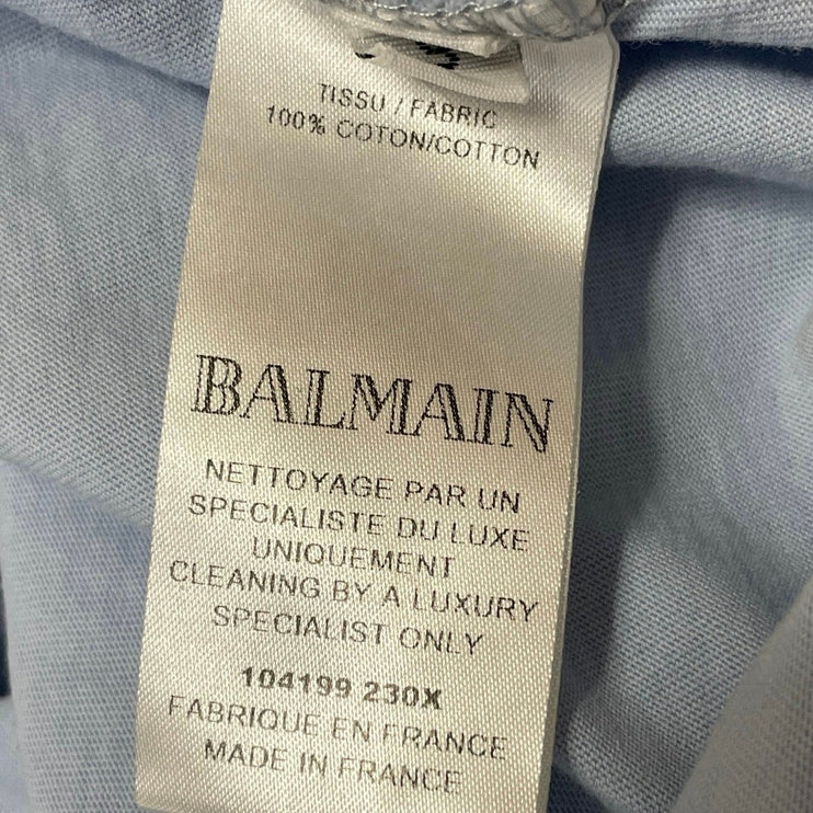 Balmain Womens Blue Button Shoulder Short Sleeve Graphic Logo Tee T-shirt Top M