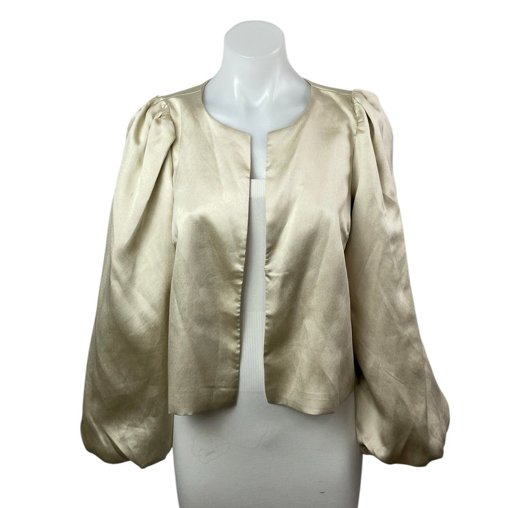 Neo Noir Daliska Dull Beige Silk Satin Long Balloon Sleeve Open Blouse Top Sz 6