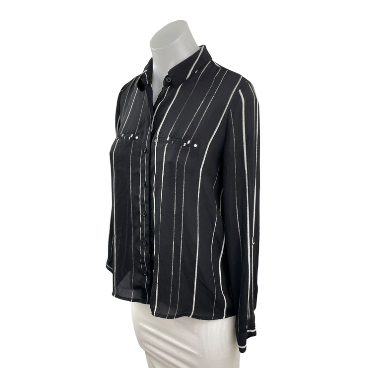 Apt. 9 Women's Black Stripe Collared Long Sleeve Button Down Shirt Top XS Petite