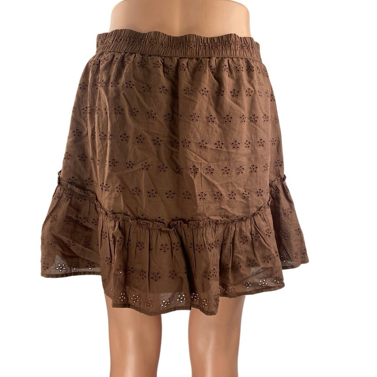 Hollister Brown Floral Embroidered High Waisted Pull On A Line Mini Skirt Size M