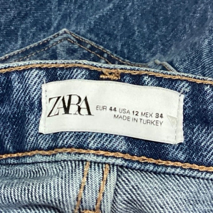 Zara Women's Blue Distressed Frayed Hem High Waist Wide Leg Crop Denim Jeans 12