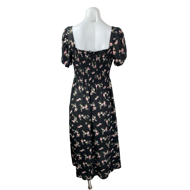 Hesperus Black Floral Ditsy Short Puff Sleeve Tie Smocked A Line Midi Dress Sz M