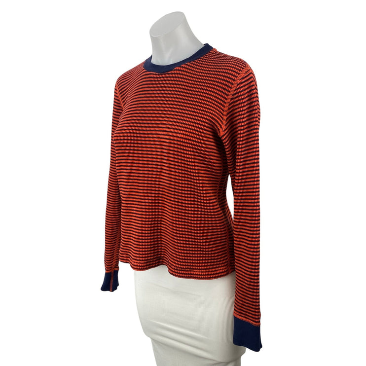 Re/Done Women's Red Ribbed Knit Striped Crewneck Long Sleeve Sweater Top Size S