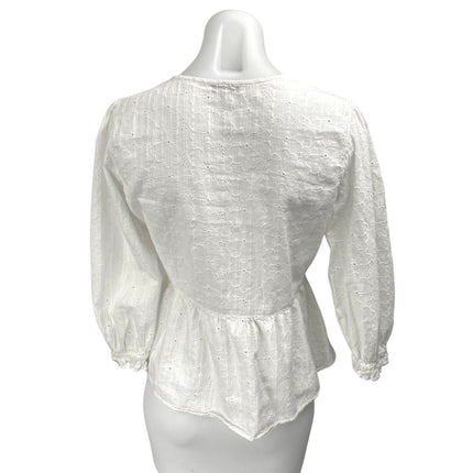 Madewell White Floral Embroidered Eyelet Balloon Puff Sleeve Peplum Blouse Top M
