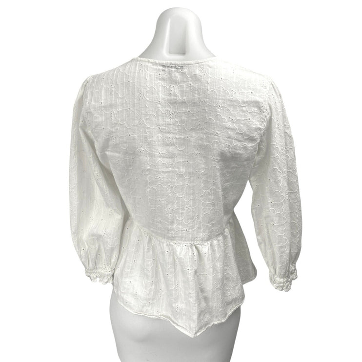 Madewell White Floral Embroidered Eyelet Balloon Puff Sleeve Peplum Blouse Top M