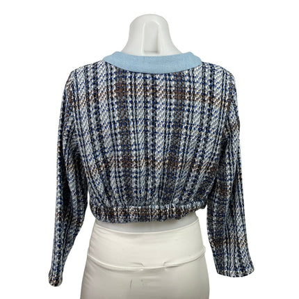 Zara Blue Tweed Long Sleeve Plaid Button Down Textured Cropped Jacket Top Size S