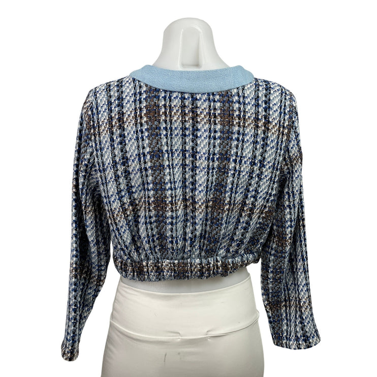 Zara Blue Tweed Long Sleeve Plaid Button Down Textured Cropped Jacket Top Size S