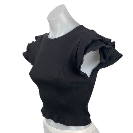 Zara Women's Black Ruffle Sleeve Crew Neck Ribbed Knit Cropped Blouse Top Size S
