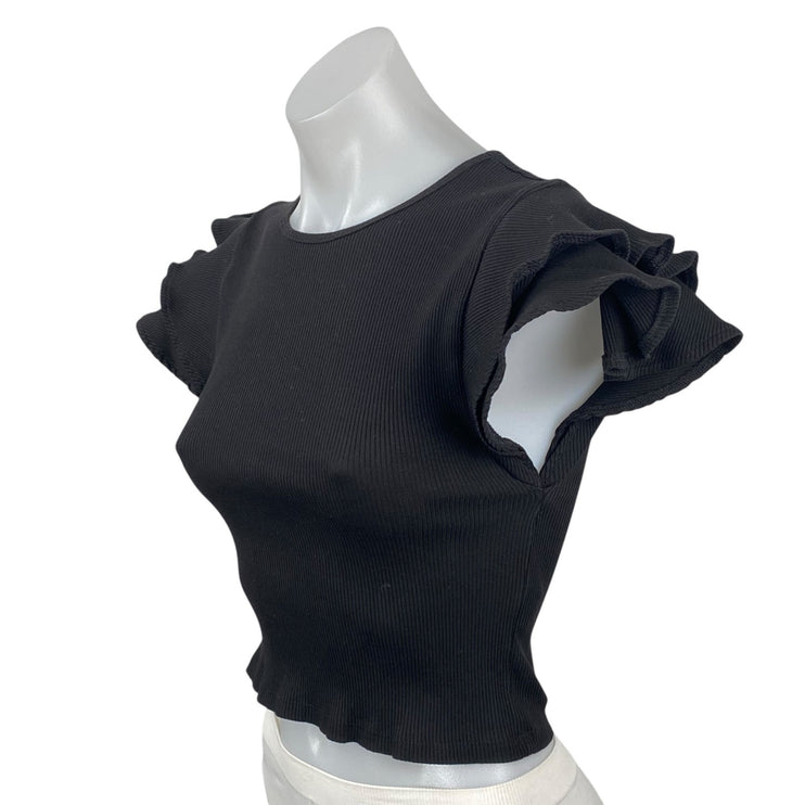 Zara Women's Black Ruffle Sleeve Crew Neck Ribbed Knit Cropped Blouse Top Size S