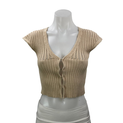 DNA Women's Beige Short Cap Sleeves Open Knit Crochet Cardigan Crop Top Size S