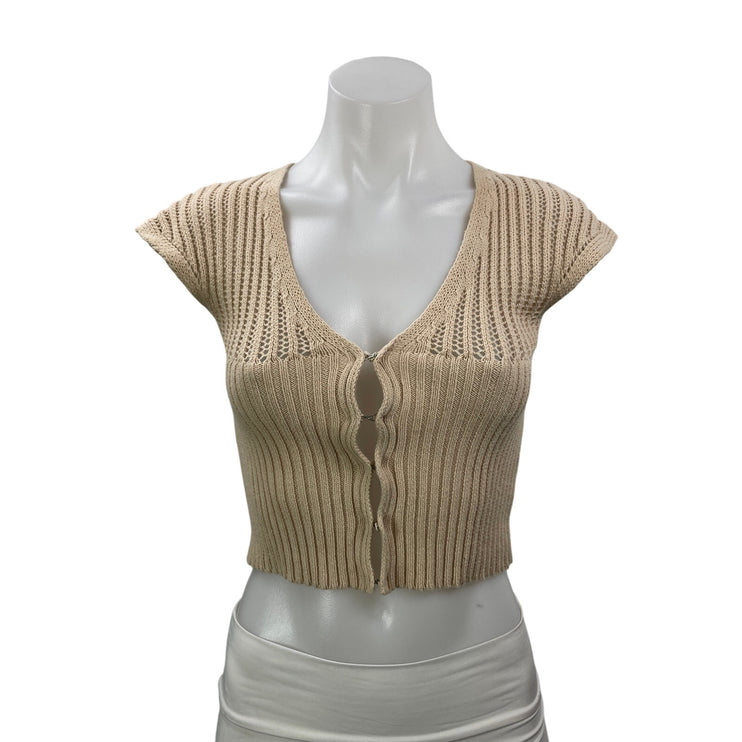 DNA Women's Beige Short Cap Sleeves Open Knit Crochet Cardigan Crop Top Size S
