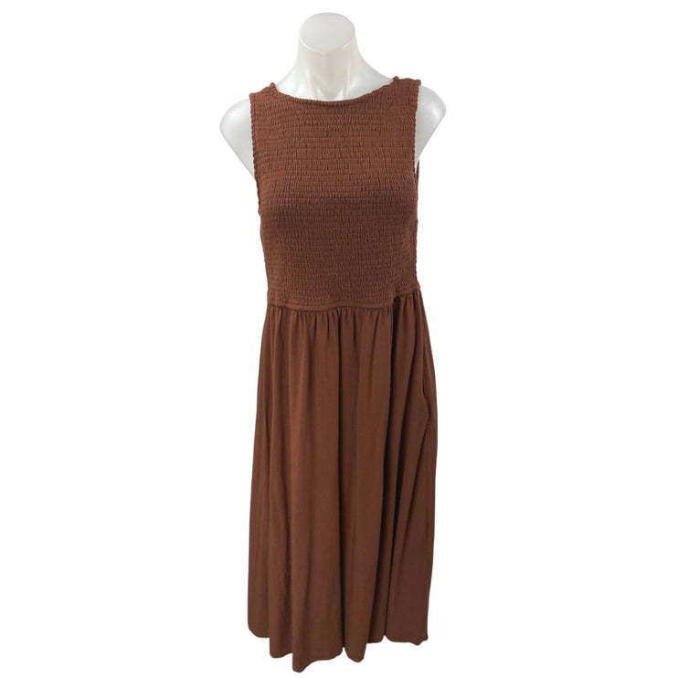 Japsa Women's Brown Smocked Sleeveless Pleated Fit & Flare Midi Dress Size XL