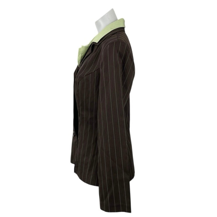 My Michelle Dark Brown Pinstriped Long Sleeve Button Up Blazer Coat Jacket 8
