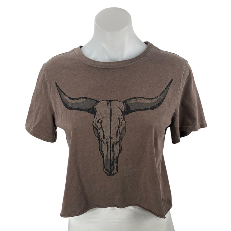 Vinyl Icons Women's Brown Graphic Short Sleeve Crew Neck Crop Tee T-Shirt Top M