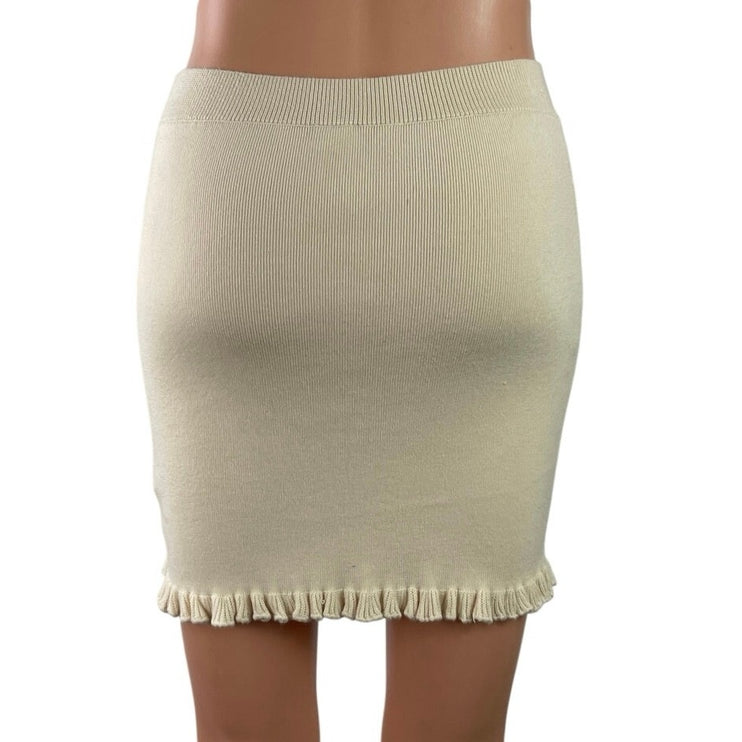 Urban Outfitters Beige Cream Knit Fitted Ruffle High Waist Pencil Mini Skirt M