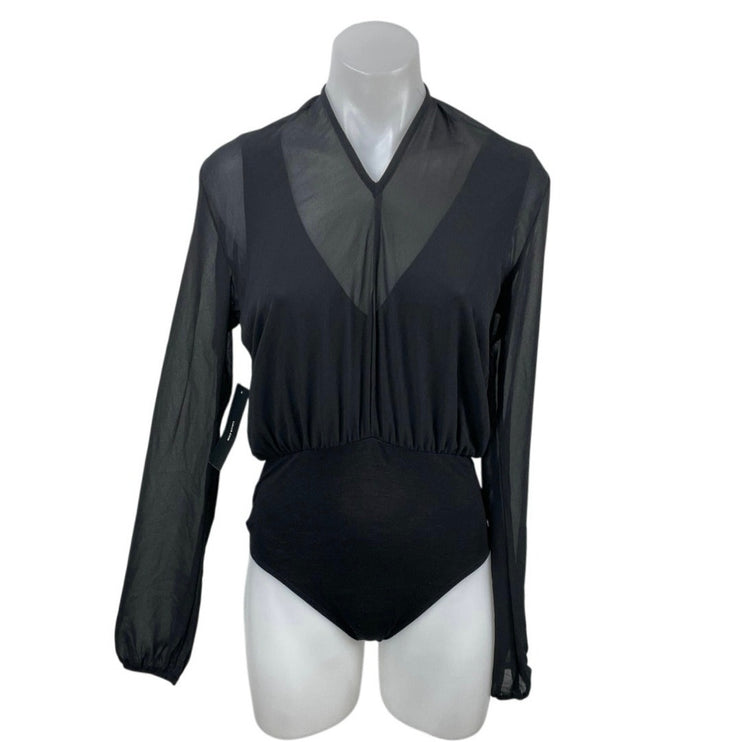 NEW Lulus Women's Black Sheer Mesh Layer Long Sleeve Blouse Bodysuit Top Size S