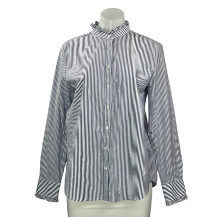 Lands' End Blue White Pinstripe Long Sleeves Ruffles Button Down Shirt Top Sz 6