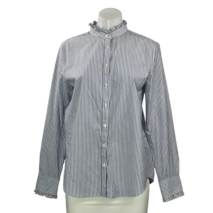 Lands' End Blue White Pinstripe Long Sleeves Ruffles Button Down Shirt Top Sz 6