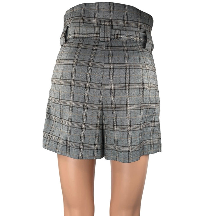 Re:named Gray Plaid Checkered Belted Tie Pleated Mini Casual Paperbag Shorts S