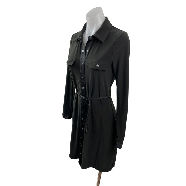 White House Black Market Black Long Sleeve Tie Button Down Mini Shirt Dress Sz S