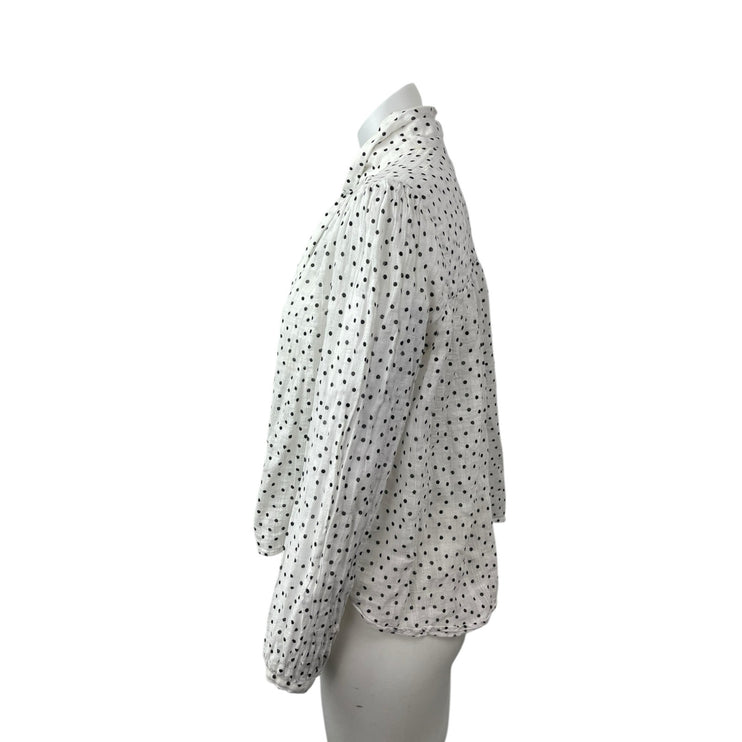 Zara Women's White Polka Dots Balloon Long Sleeve Tie High Neck Blouse Top Sz L