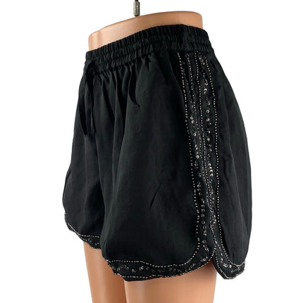Bon Homie Women's Black Beaded Rhinestone Boho High Rise Mini Shorts Size S