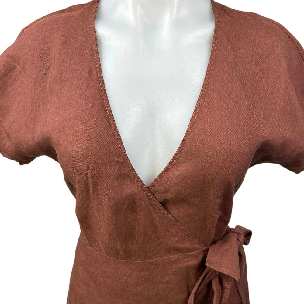 Aritzia Wilfred Linen Blend Brown Short Sleeve Deep V Midi Wrap Dress Size XXS Aritzia Wilfred Linen Blend Brown Short Sleeve Deep V Midi Wrap Dress Size XXS