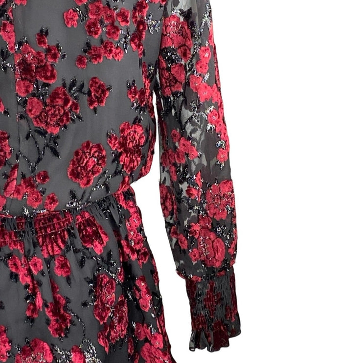 Parker Carmindy Red Black Floral Velvet Burnout Long Sleeve Mini A-Line Dress S