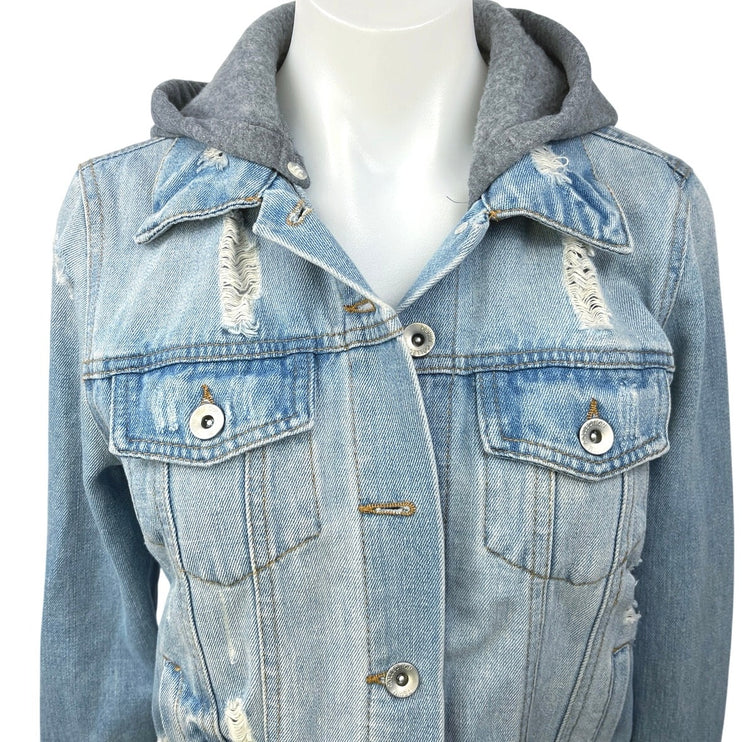 Ci Sono Blue Denim Studded Skull Distressed Button Hoodie Jean Jacket Coat Sz M