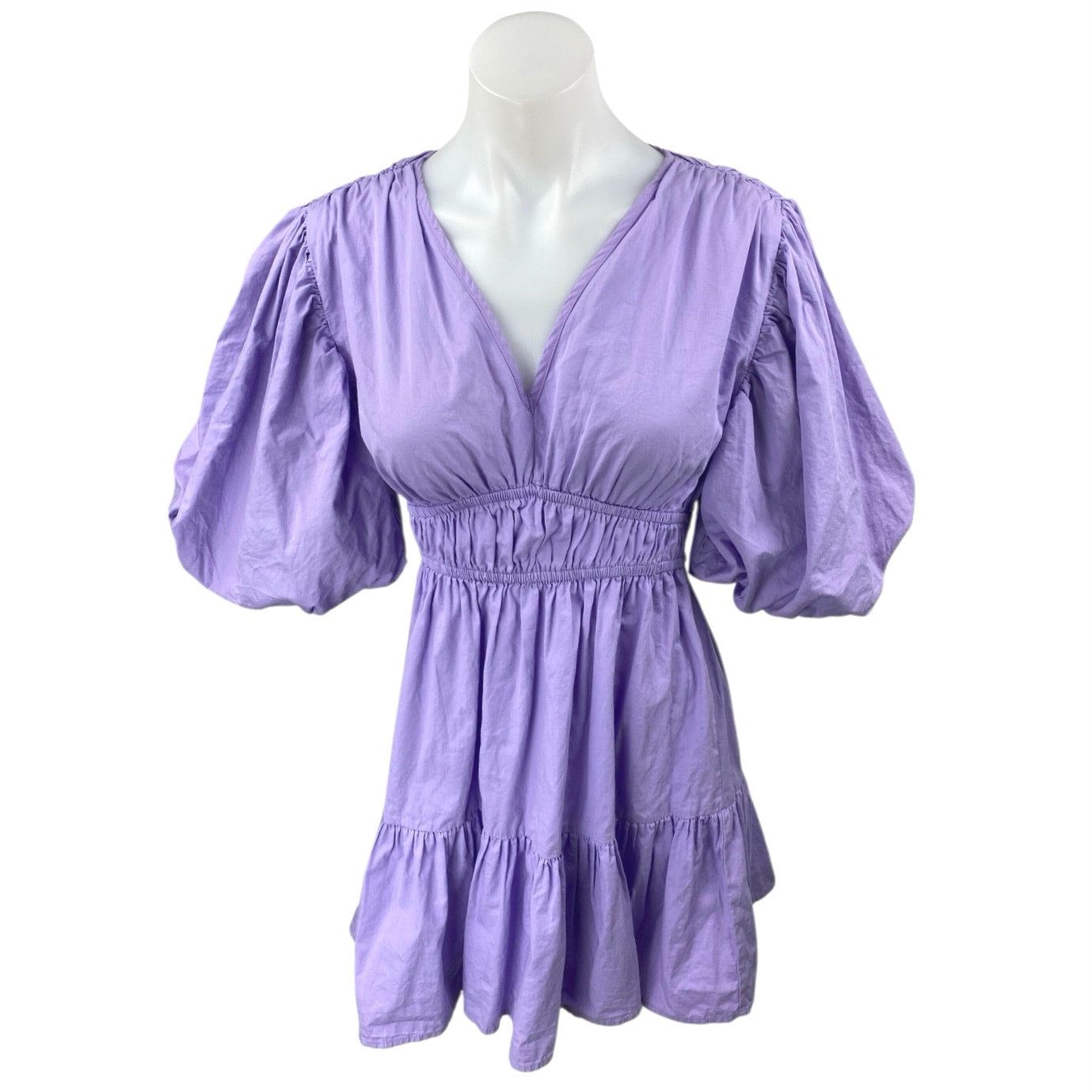 Japna Size M Purple Cotton Bubble Sleeve Sinched Detail V Neck Mini Dress