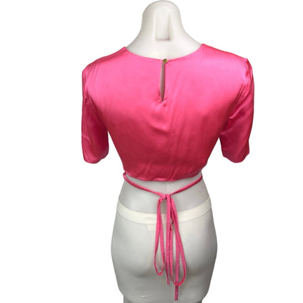 NEW Amanda Uprichard Andra Pink Ribbon 100% Silk Satin Short Sleeve Crop Top S