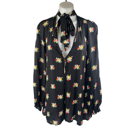 Alice McCall Black Floral Long Sleeve Tie Neck V Neck Playsuit Romper Shorts 4