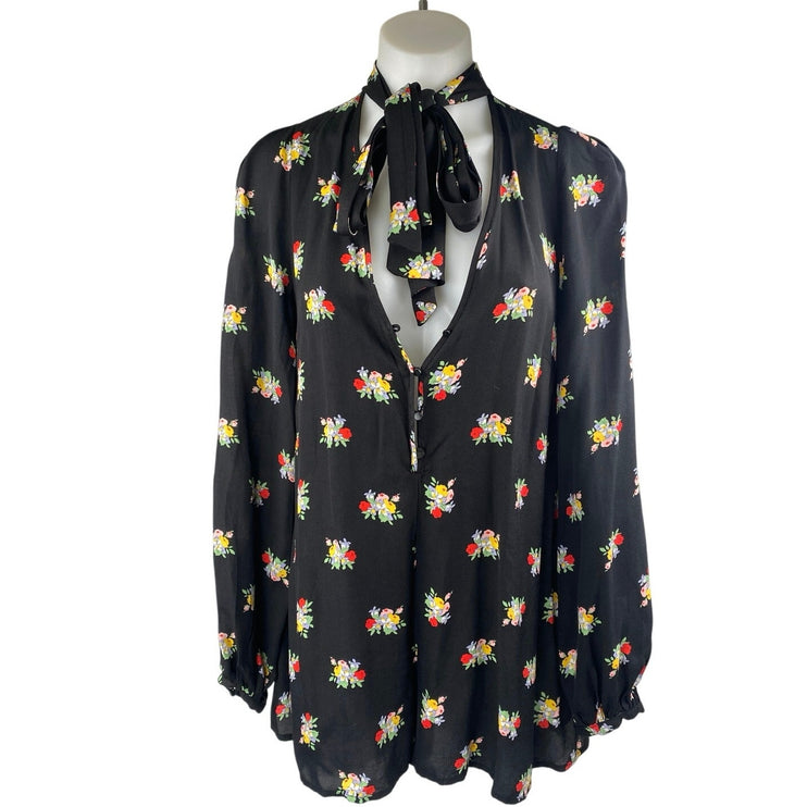 Alice McCall Black Floral Long Sleeve Tie Neck V Neck Playsuit Romper Shorts 4