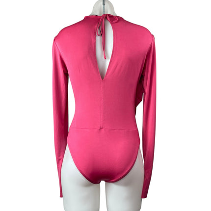 ZARA Pink Draped Long Sleeve Crew Neck Fitted Bodycon One Piece Bodysuit Top M