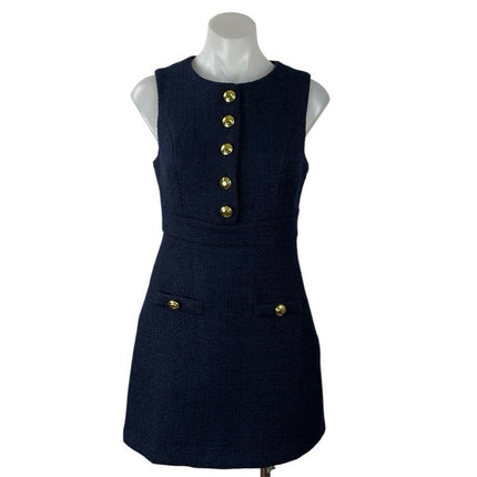 English Factory Navy Blue Textured Tweed Sleeveless Button A Line Mini Dress XS