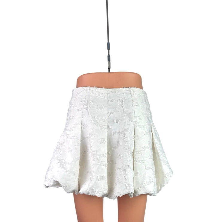 Zara White Floral Pleated Textured High Waist Bubble A Line Mini Skirt Size XS