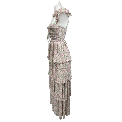 ASTR The Label Emmeline Pink Green Cutout Ruffle Floral Tiered Maxi Dress Sz XS