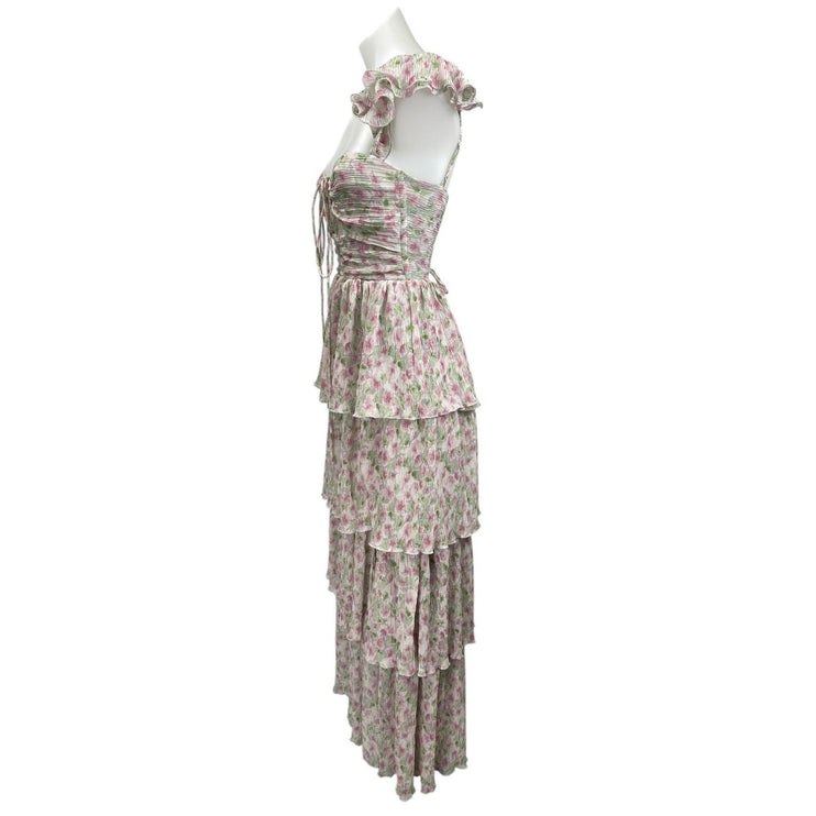 ASTR The Label Emmeline Pink Green Cutout Ruffle Floral Tiered Maxi Dress Sz XS