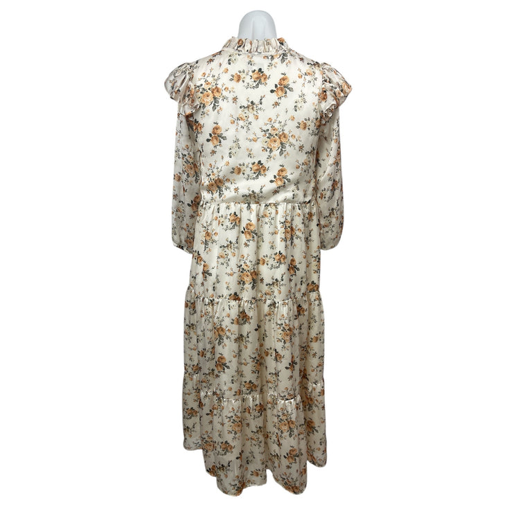 Olivia Rohde Beige Satin Floral Ruffle Long Sleeve Tiered Midi A-Line Dress 16