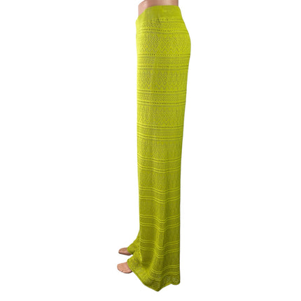 Simorra Green Knitted Eyelet High Waisted Palazzo Wide Leg Trousers Pants Size M