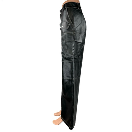 Edikted Women's Black Faux Leather Wide Leg High Waist Cargo Trousers Pants Sz S