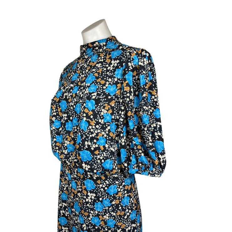 Ann Taylor Black Blue Floral Print Blouson Mock Neck Puff Sleeve Midi Dress Sz 6