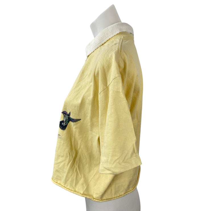 Morning Sun Women's Yellow Floral Print Collared Short Sleeve Blouse Top Size S