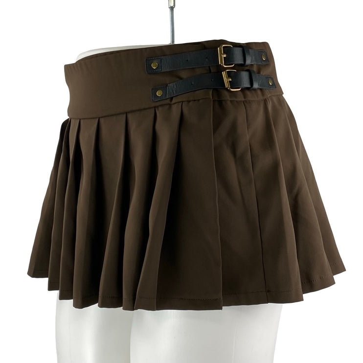 Edikted Polina Women Brown Double Belt Pleated Mini Skater Flare A-Line Skirt XL