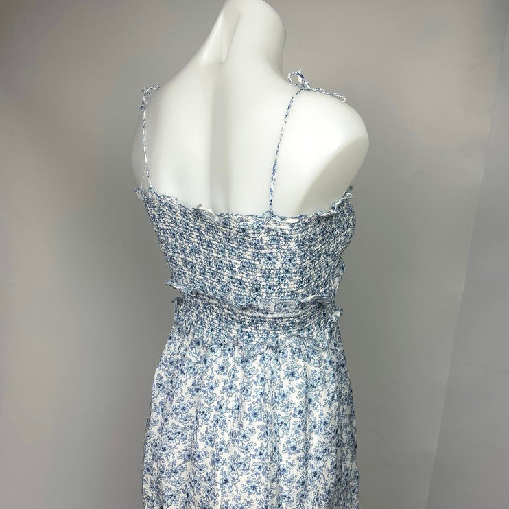 Kisuii Blue Luna Floral Smocked Sleeveless Ruffle Tiered Lace Trim Dress Size L